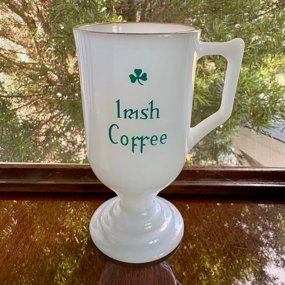 Vintage Irish Coffee Milk Glass Mugs Set of 4 Gold Rim, St. Patrick's Day